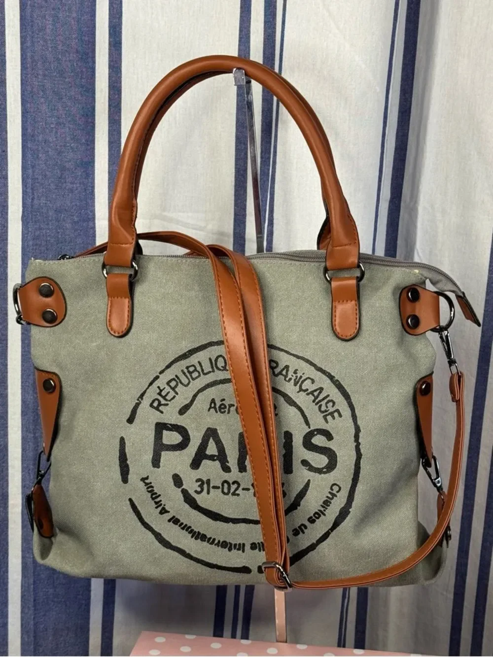 Paris Republique Stamped Gray Canvas Messenger Bag